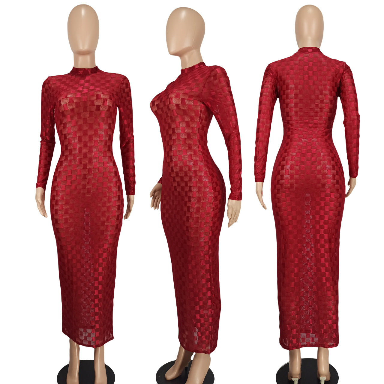 Women's Clothing Sexy Fashion Plaid Mesh Long Dress 22