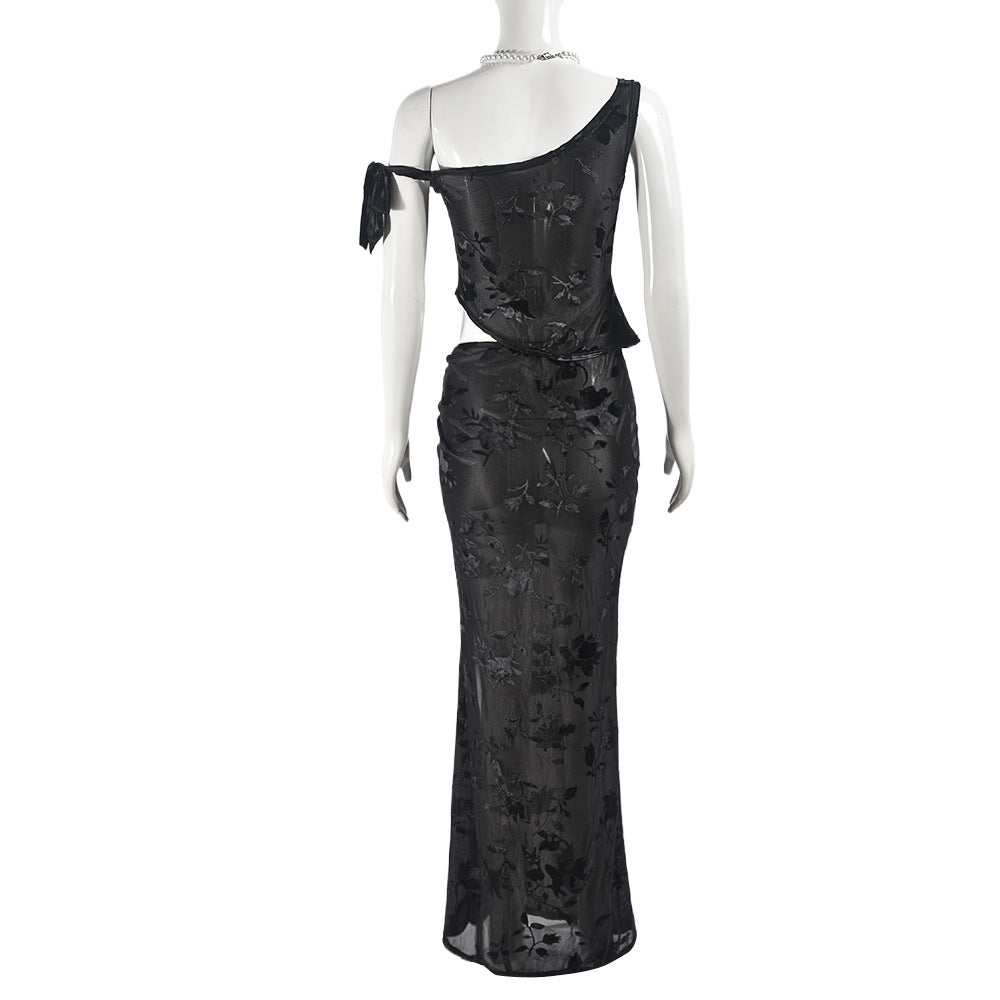 Women See-Through flocking Lace-Up sexy Crop one-shoulder Top and Skirt two-piece set 8