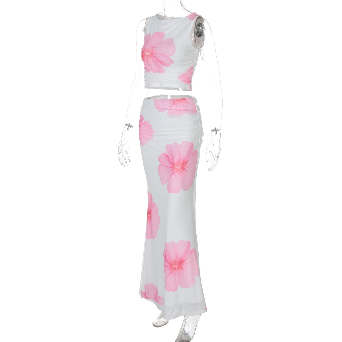 Women's Summer Mesh Patchwork Fashion Print Sleeveless Top & Skirt Set 8