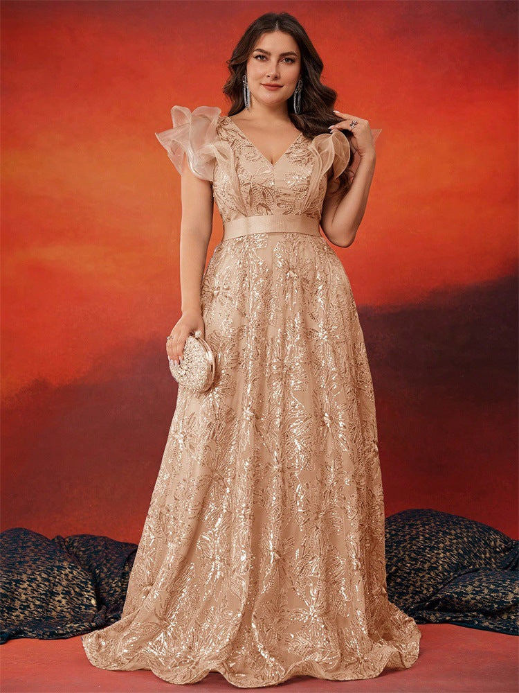 Plus Size Women Elegant Sequin Patchwork V Neck Ruffle Party Cocktail Dinner Evening Dress 4