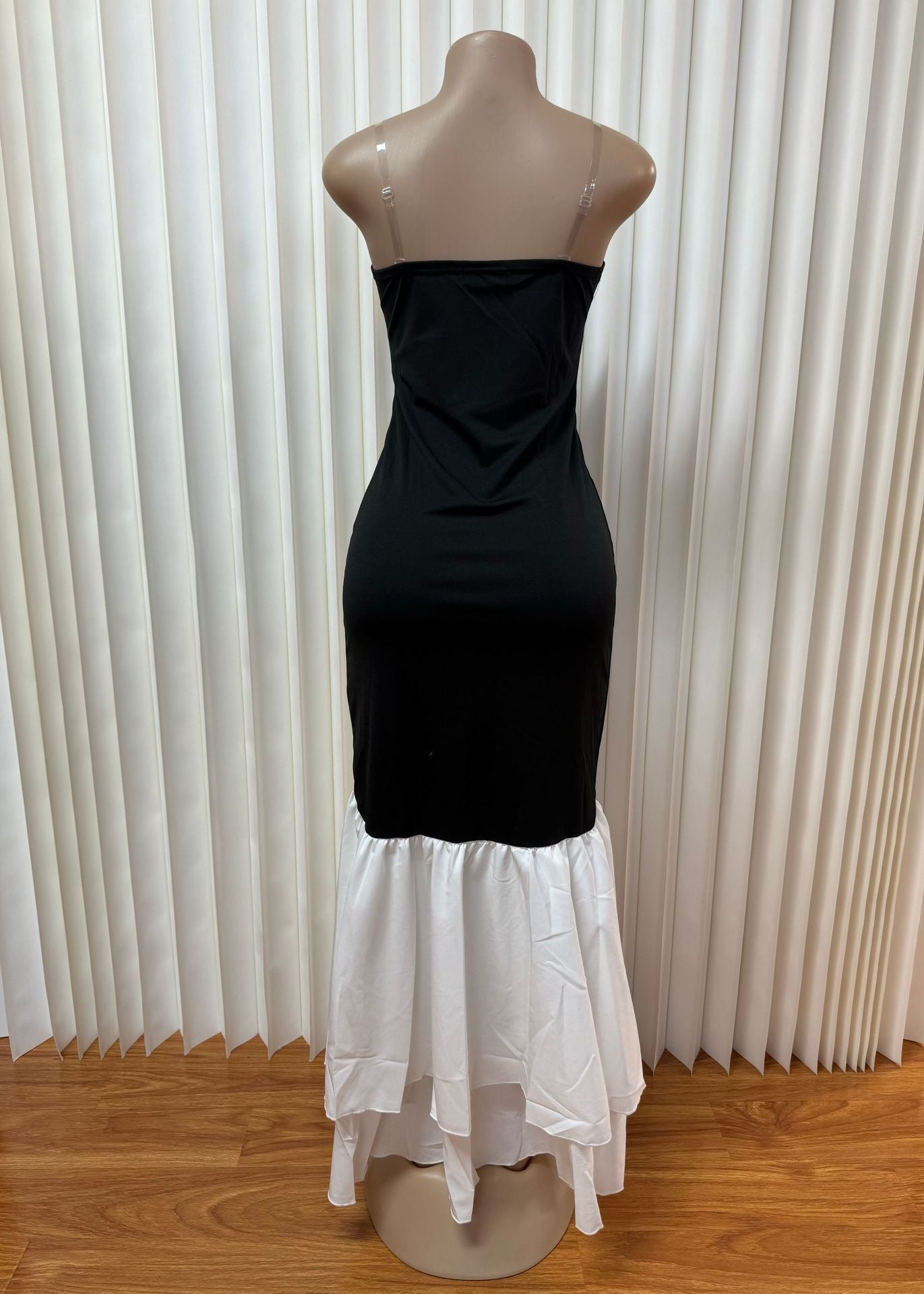 Women Black and White Color Matching Strapless Sexy Backless Bodycon Irregular Dress 10