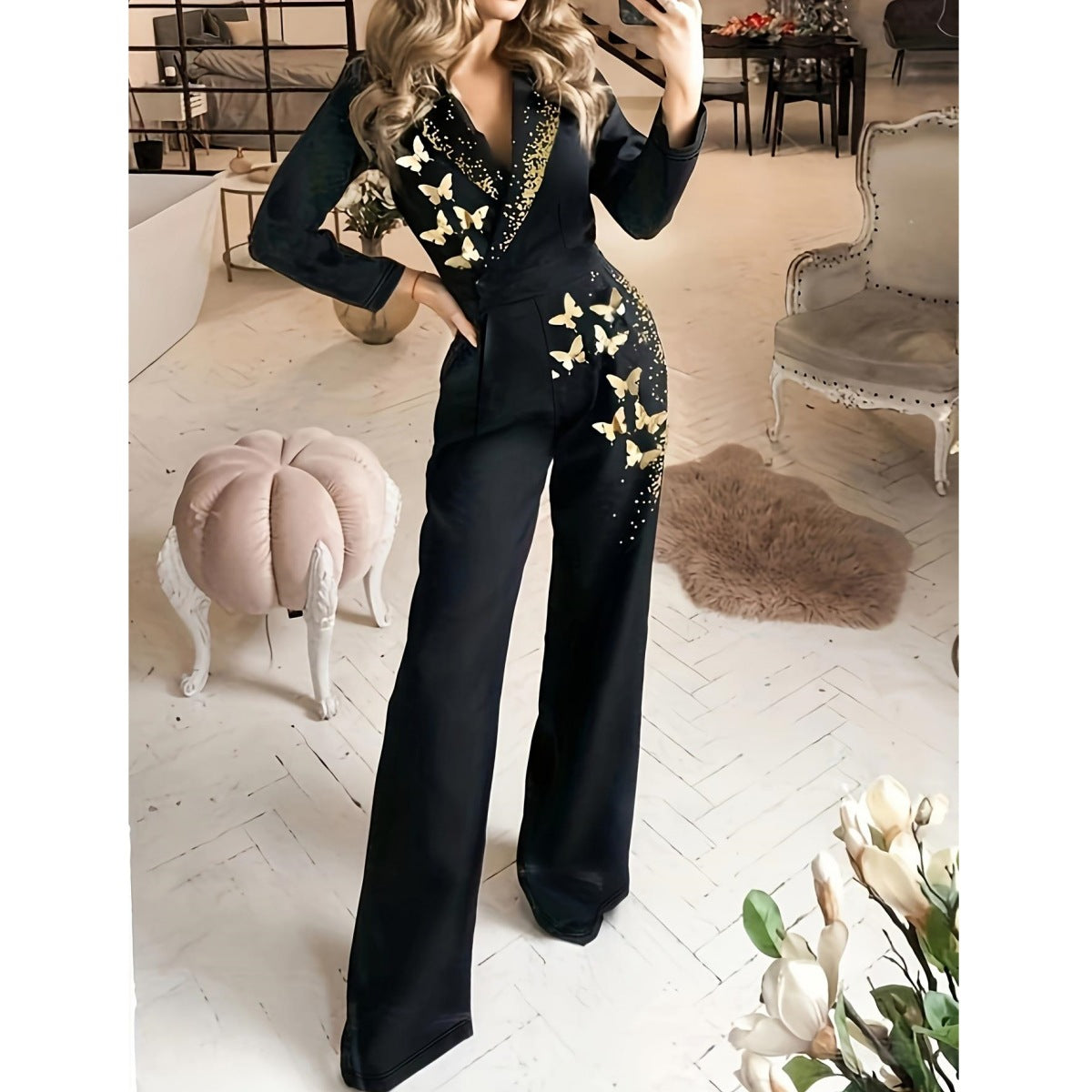 Women Elegant Printed Pocket Zip Long Sleeve Jumpsuit 3
