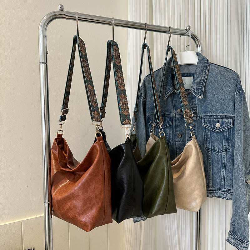 Women Retro Wide Shoulder Crossbody Bag Bucket Bag 8