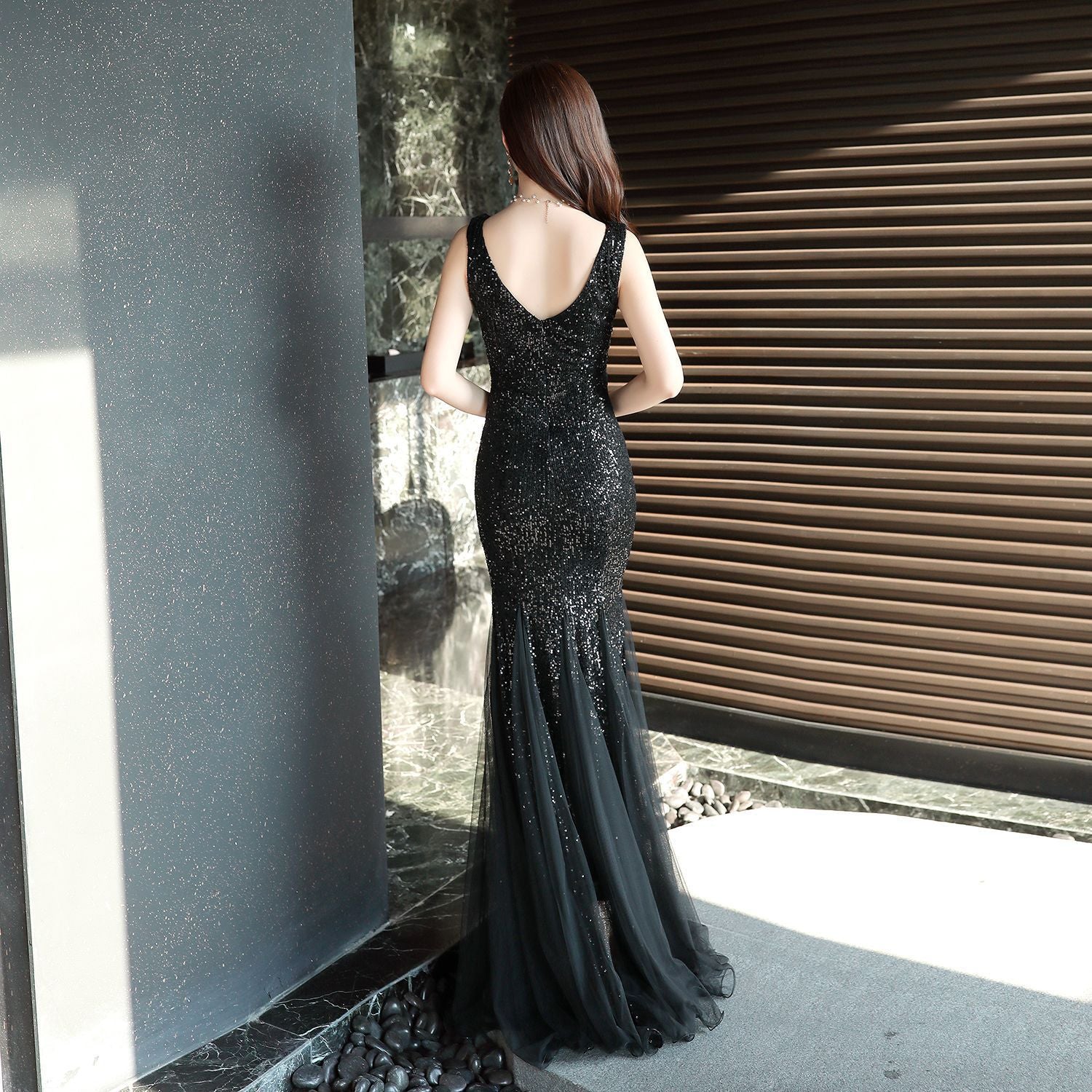 Women Formal Party Elegant Fishtail Sequined Evening Dress 19
