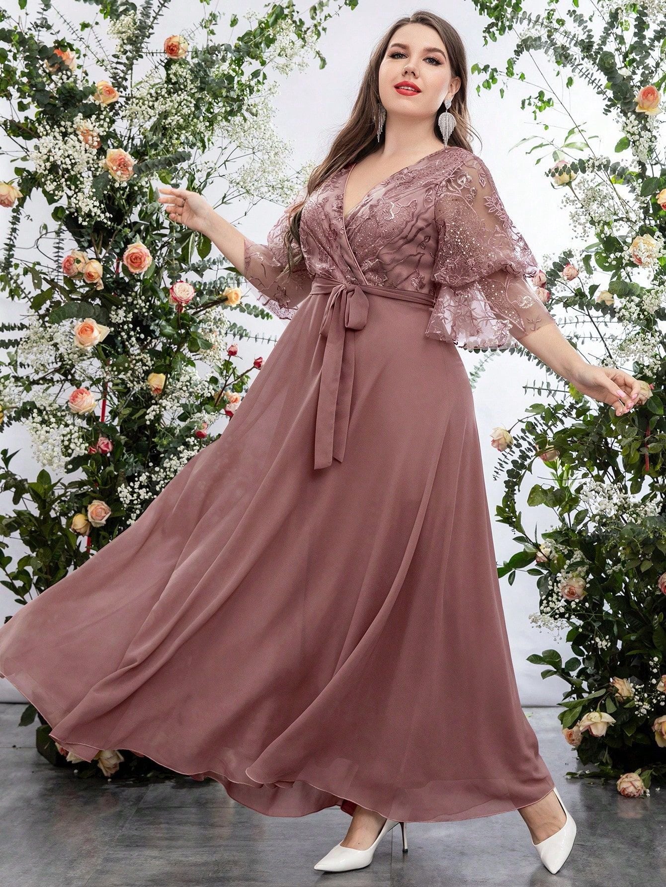 Plus Size Women's V-Neck Mesh Embroidered Patchwork Solid Color Chiffon Waist Lace-Up Elegant Dress 5