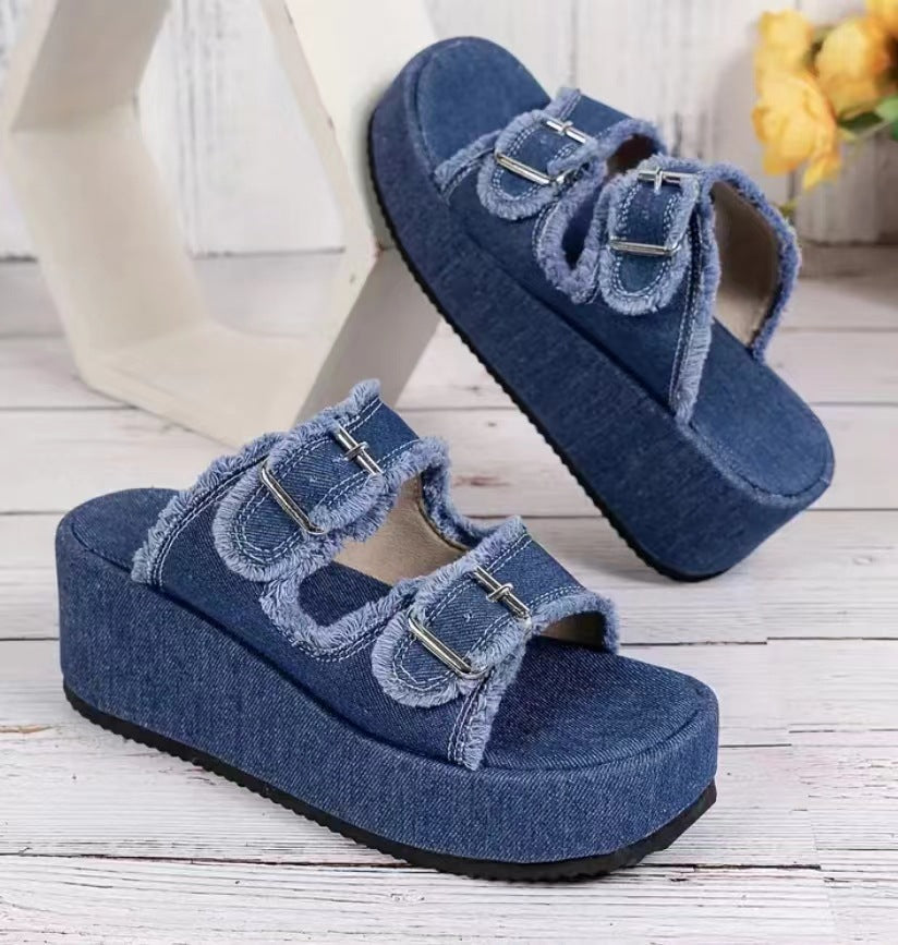 Plus Size Denim Belt Buckle One-Step Sandals Women's Summer Outdoor Wear Thick-Soled Slippers
