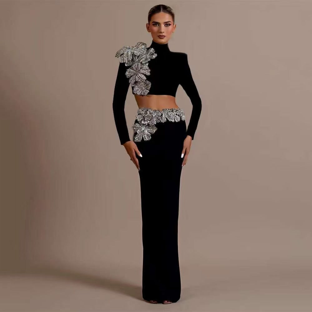 Women Sexy Elegant Beaded Long Sleeve Top and Long SkirtTwo Piece Set
