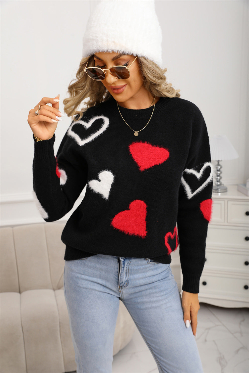 Spring Sweater Heart Print Valentine's Day Sweater Round Neck Knit Pullover Top 20