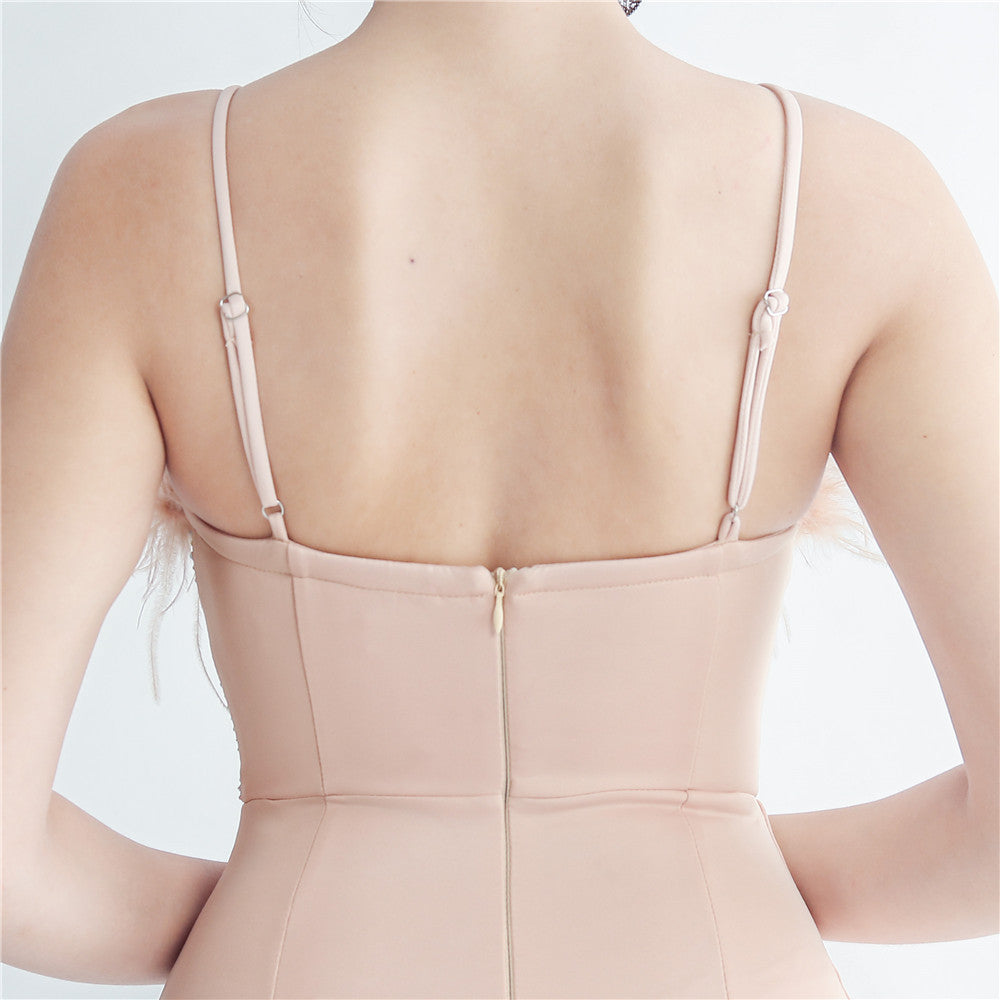 Feather Beaded straps Side Slit formal party Evening Dress 15