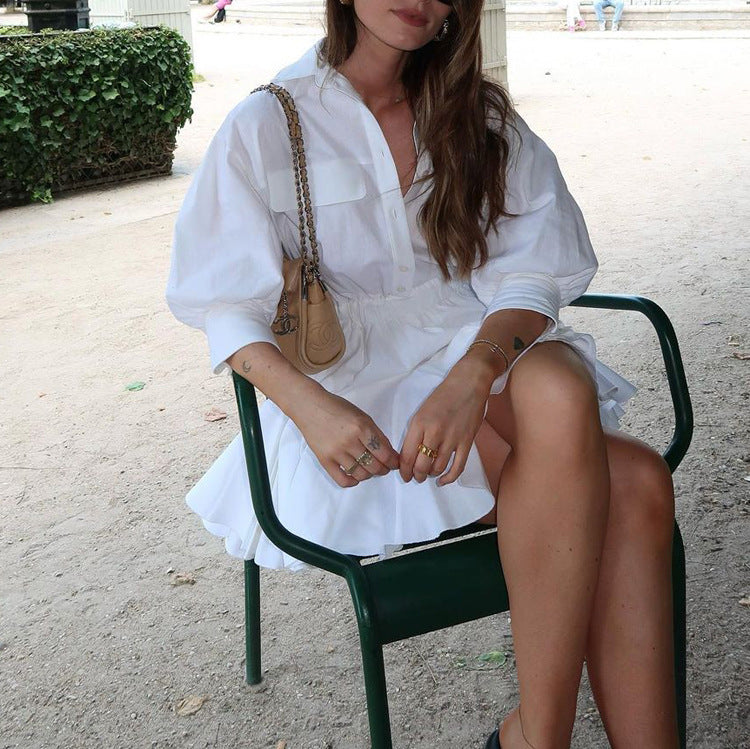 Women's Casual Cotton Turn-Down Collar 3/4 Sleeve A-Line Shirt Dress 5