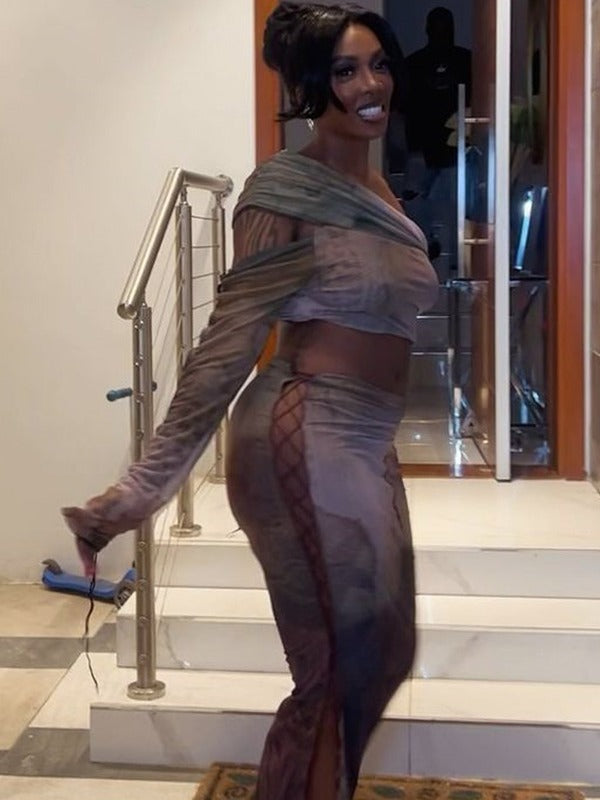 Fashionable Printed Sexy Long-Sleeved Top Long Skirt Two Piece Set 6