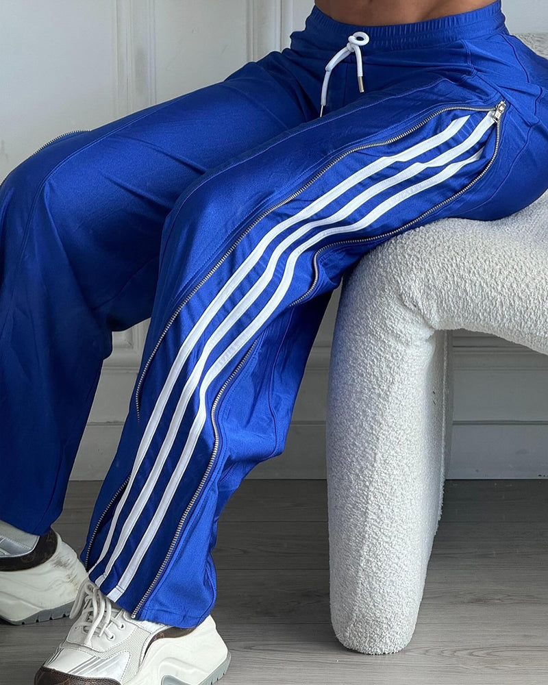 Women's Side Color Block Ribbon High Slit Zipper Wide Leg Sports Pants 5