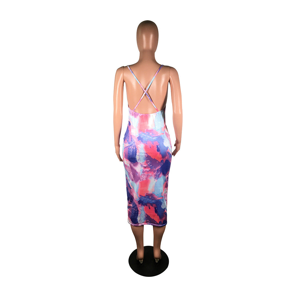 Women's Sexy Tie Dye Printed Strap Low Back Dress 7