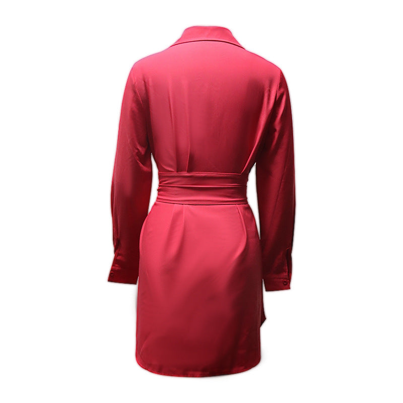 Women Turndown Collar Long Sleeve Solid Dress 13