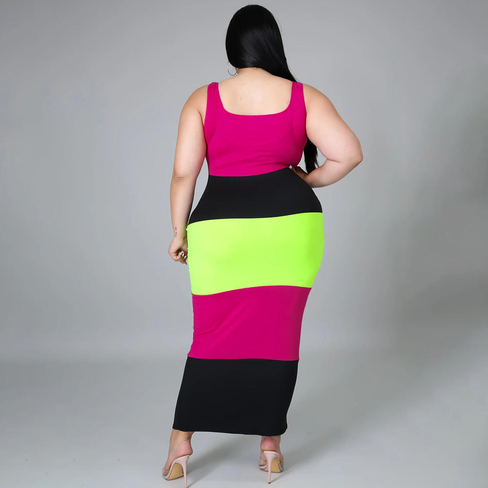 Multicolor Patchwork Plus Size U Neck Strappy Women's Sleeveless Long Dress 3