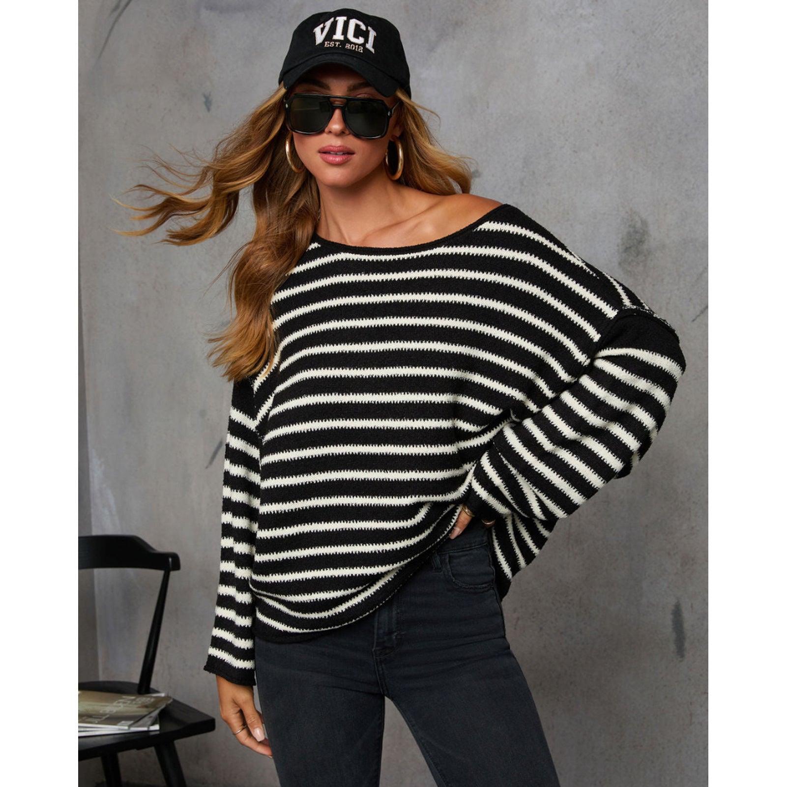 Women Striped Knitting Loose Bat Long Sleeve Sweater 4