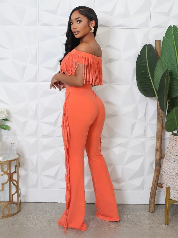 Women Summer Solid Off Shoulder Tassel Jumpsuit 4