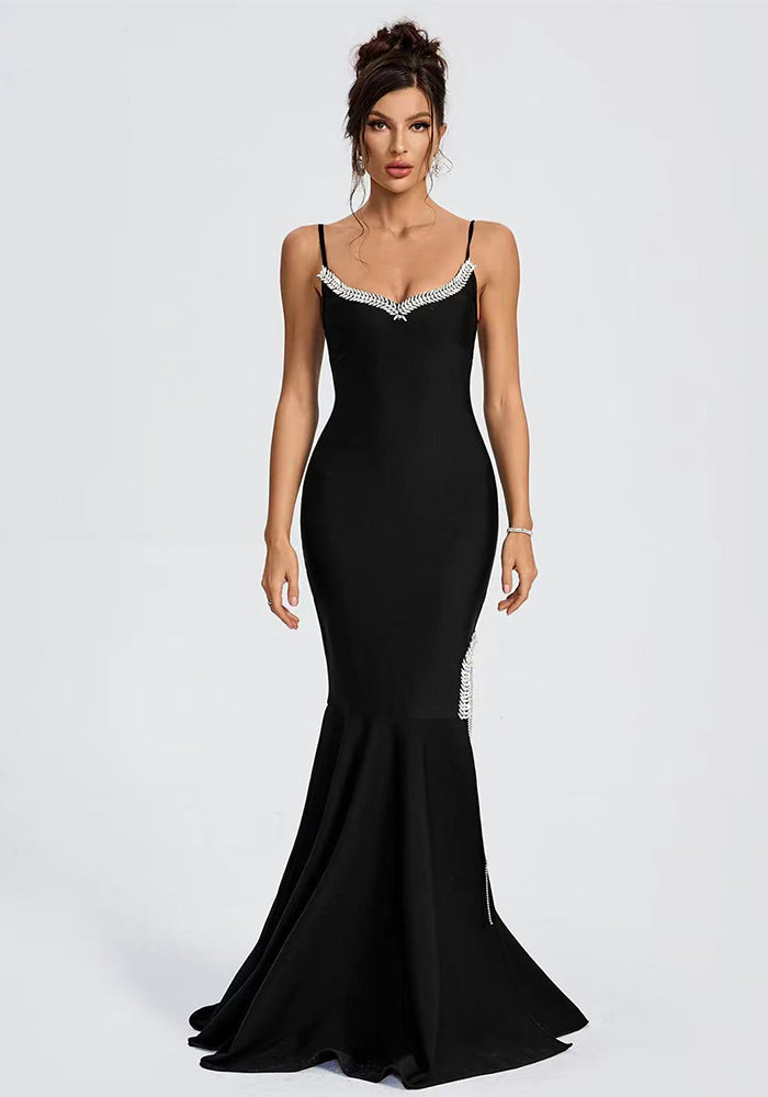 Women suspender v-neck studded diamond split chain tassel fishtail bandage dress