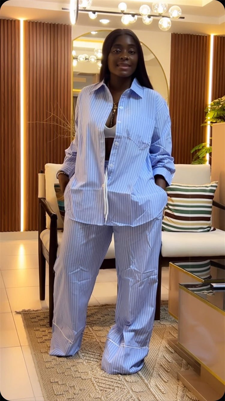 African Women's Summer Turndown Collar Loose Striped Shirt & Wide-Leg Pants Two Piece Set 6