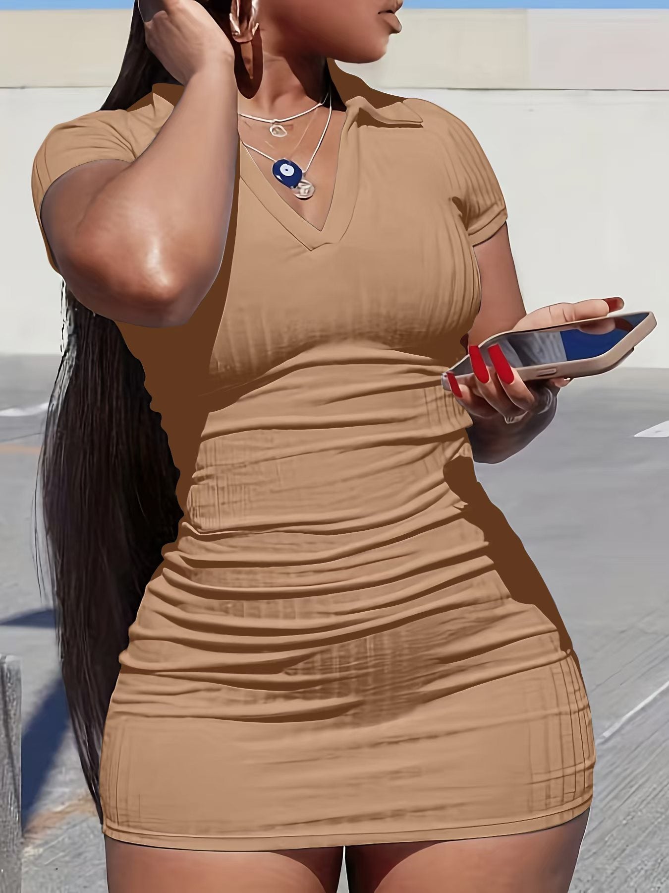 Fashion Trend Turndown Collar Slim Casual Dress Sexy Bodycon Short Dress 4