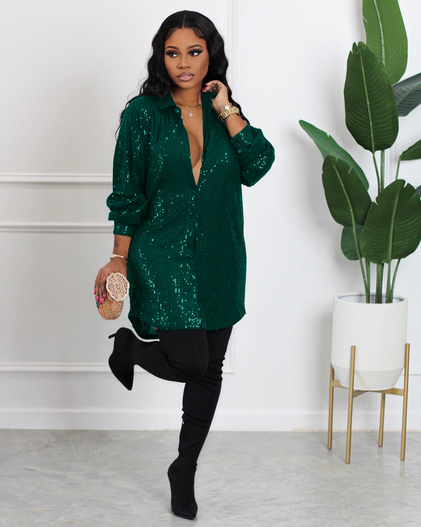 Women Solid Sequin Loose Shirt Dress 6