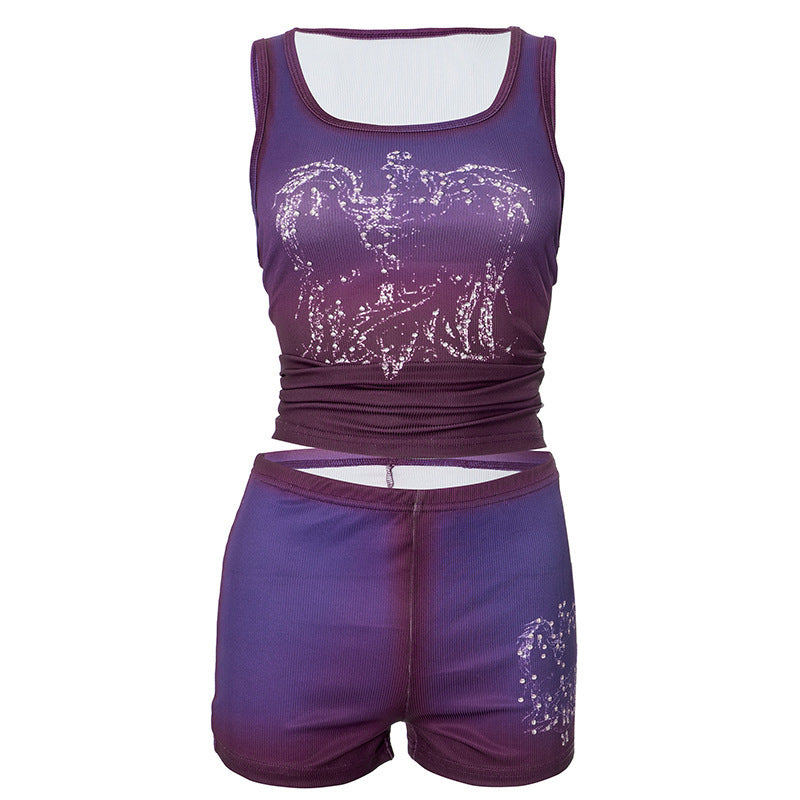 Women Summer Lace Print T-shirt and Shorts Two-piece Set 5