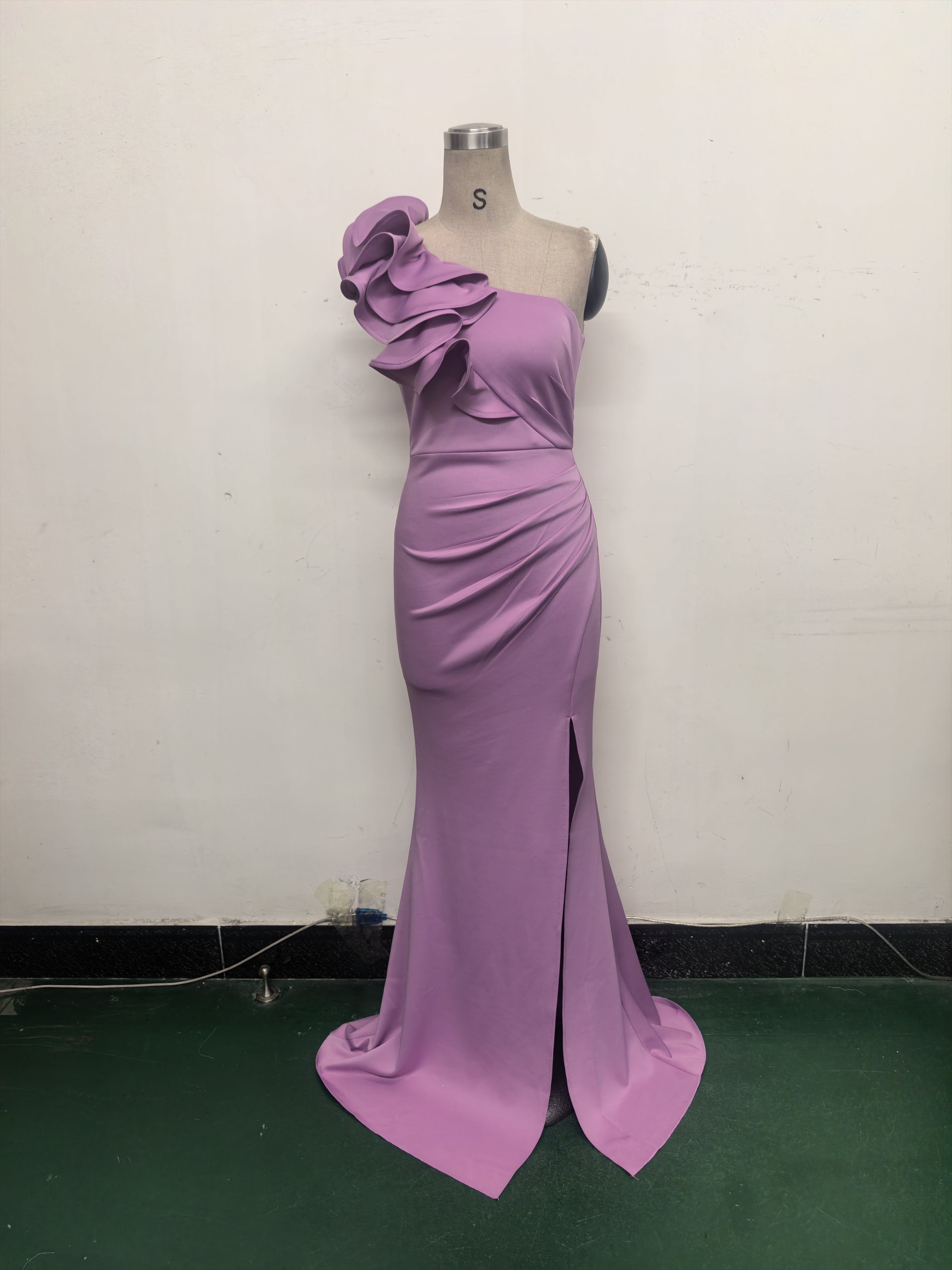 Women One-Shoulder Beaded Wool and Floral Satin Slit Sexy Evening Dress 32