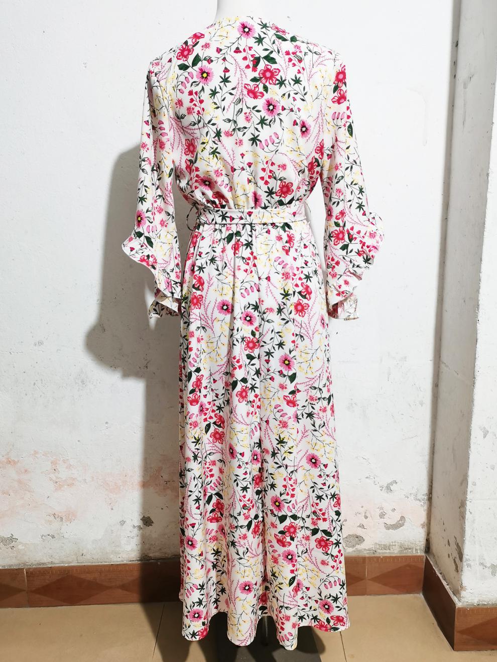 Bohemian Ruffle Patchwork Half-Sleeved V-Neck Belt Slit Dress 9