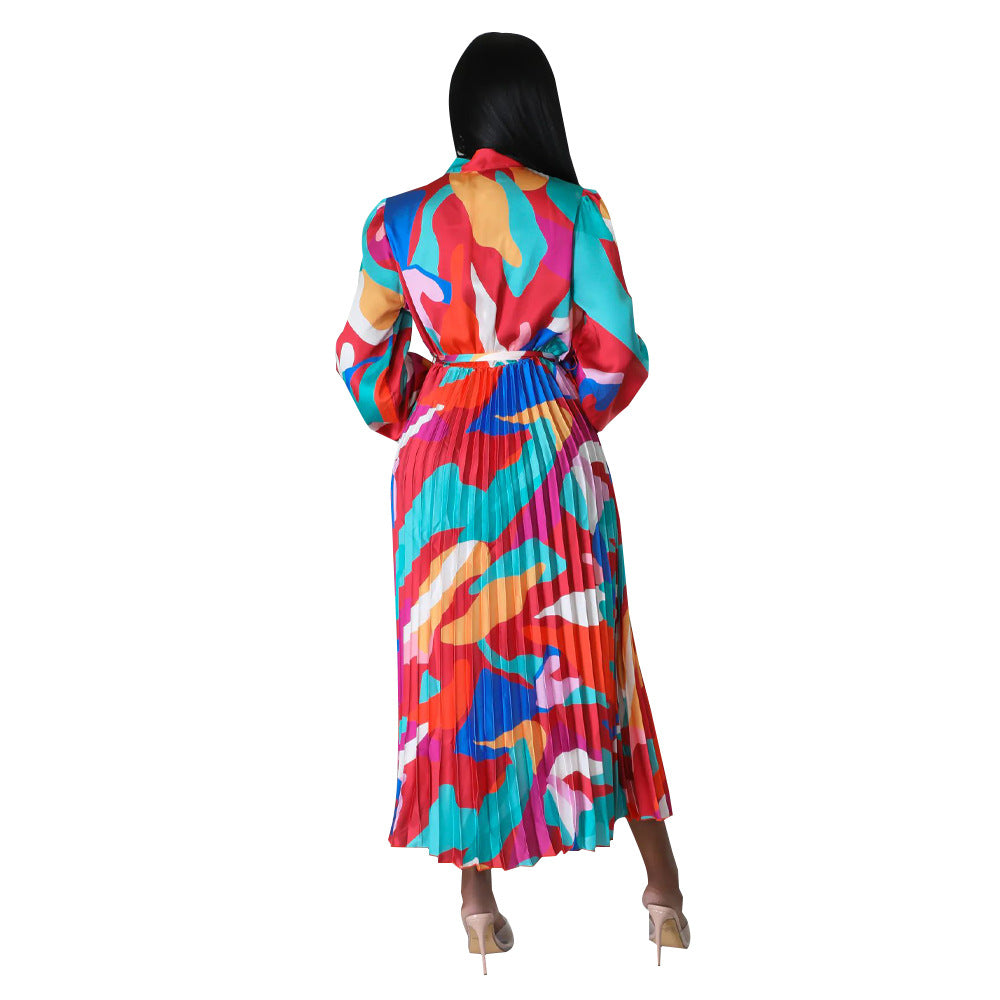 Women's Tie Long Sleeve Printed Pleated Dress 55