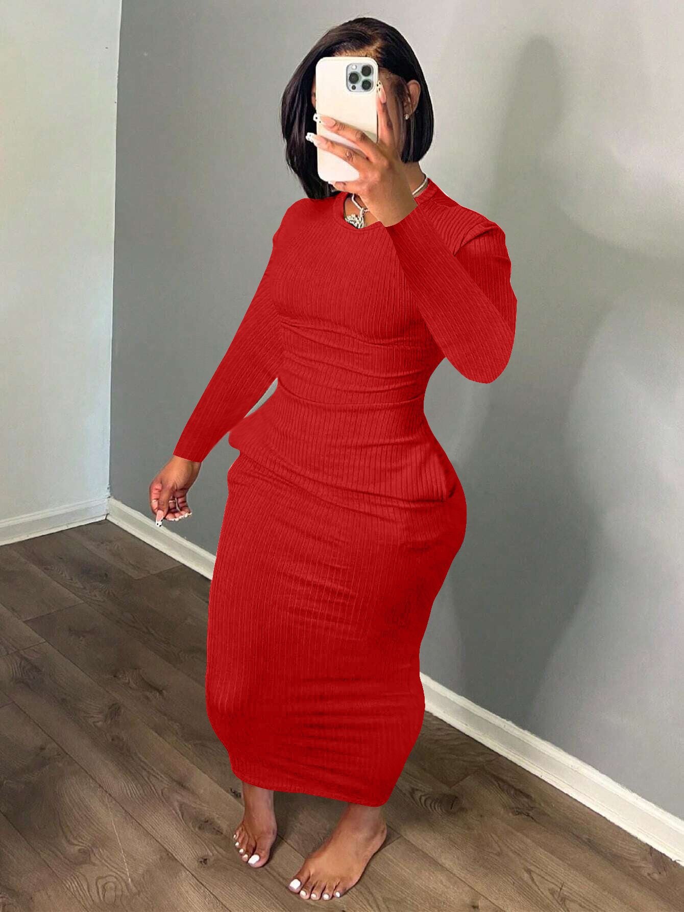 Women knitting Ribbed Solid Round Neck Long Sleeve Bodycon Dress