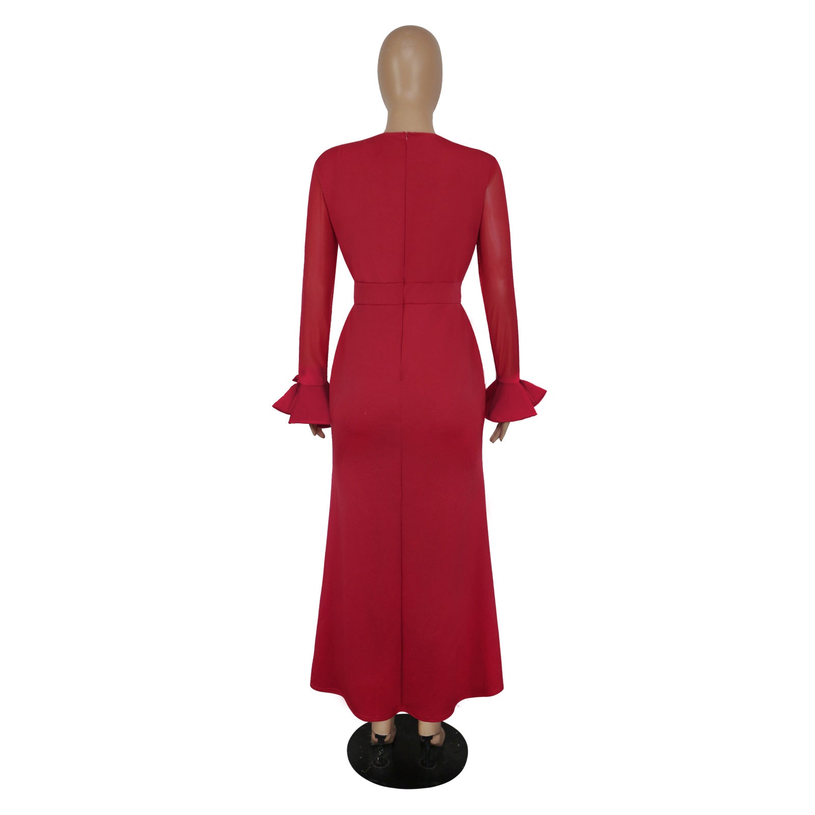 Women's Round Neck Long Sleeve Mesh Patchwork Maxi Dress Solid Plus Size Dress 21