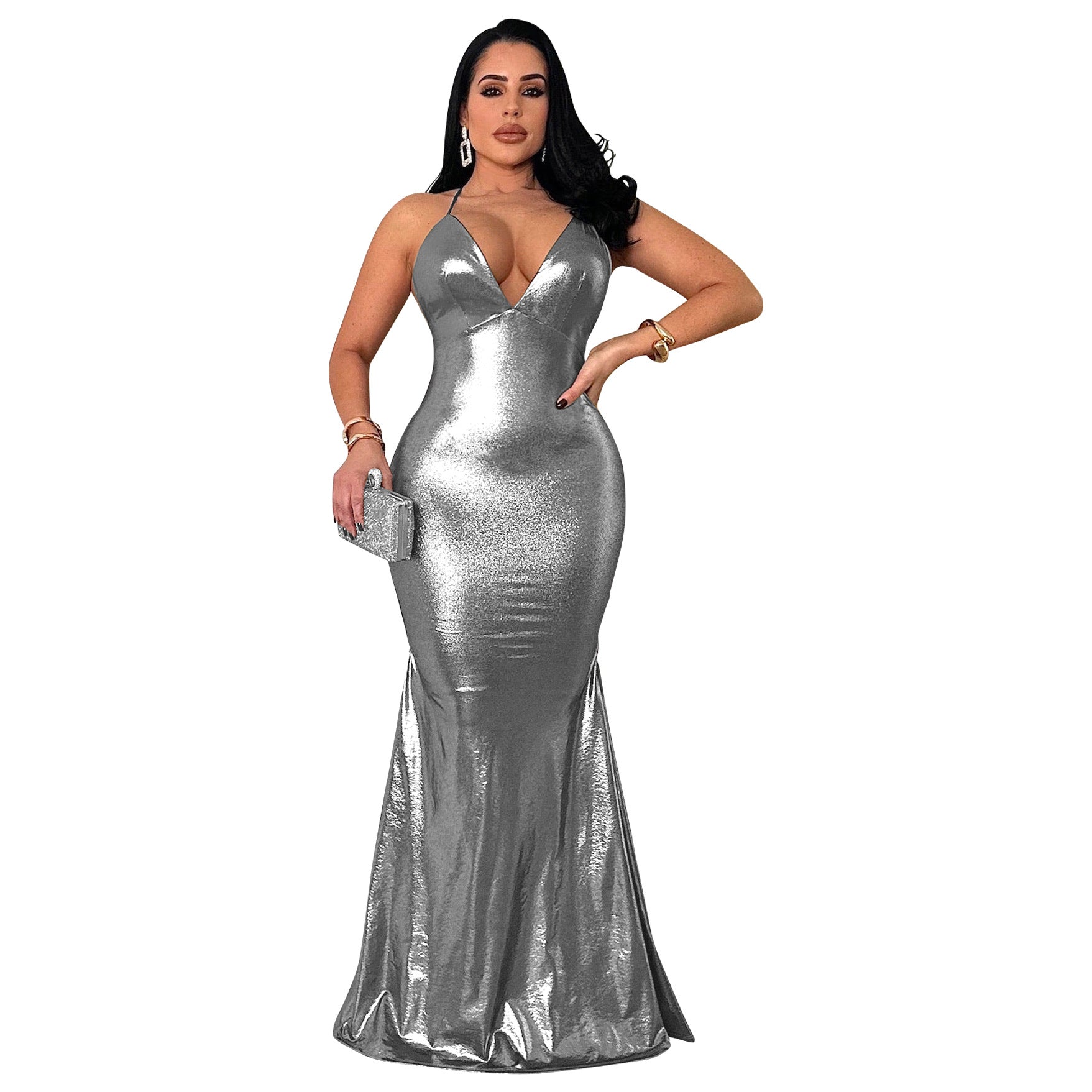 Women's Strap Sexy V-Neck Metallic Color Tight Fitting Party Maxi Dress 13