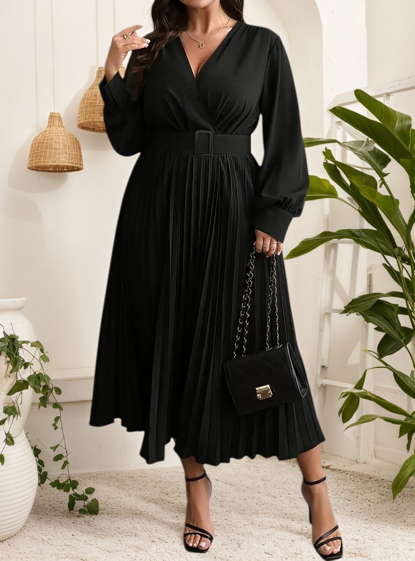 Women's Autumn Winter V-Neck Flare Plus Size Fashion Casual Belt Slim Waist Pleated Dress