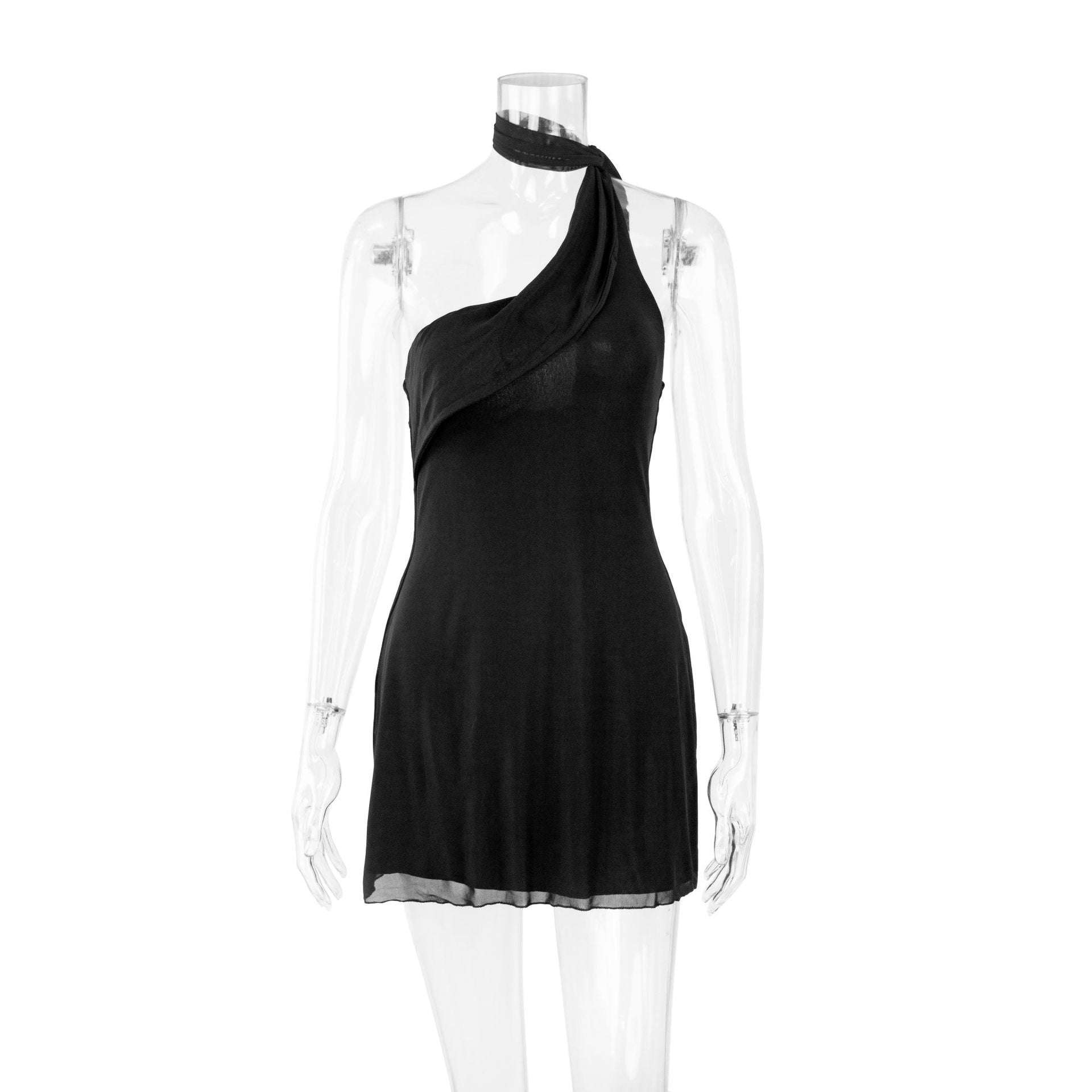 Women Summer One-Shoulder Sleeveless Halter Neck Sexy Lace-Up Bodycon Mini Dress 8