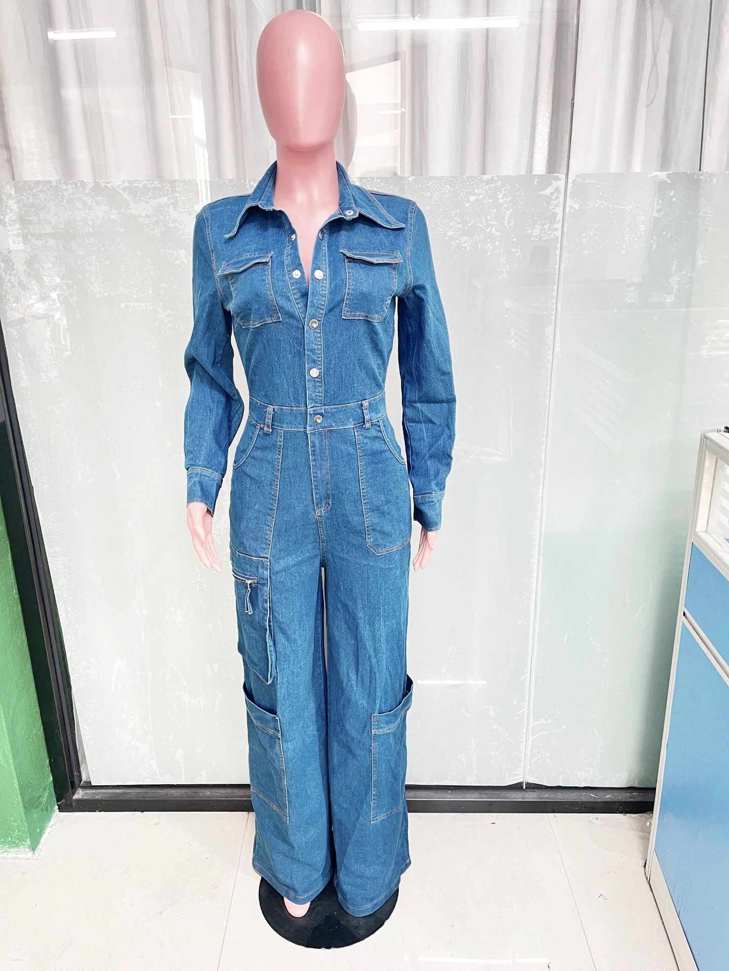 Women Stretchy long sleeve Cargo Denim Jumpsuit 5