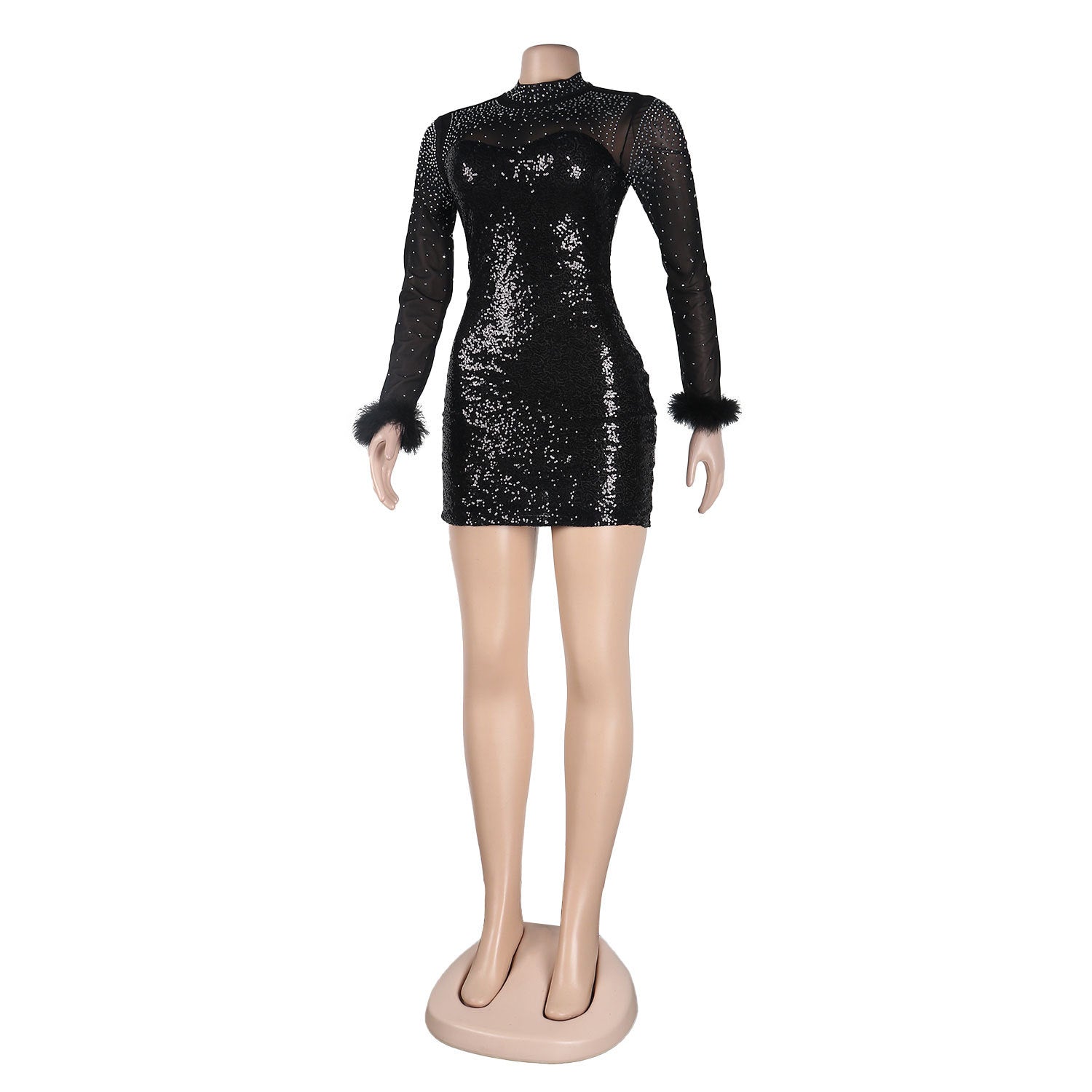Sexy See-Through Mesh Feather Bodycon Slim Sequin Beaded Dress 13
