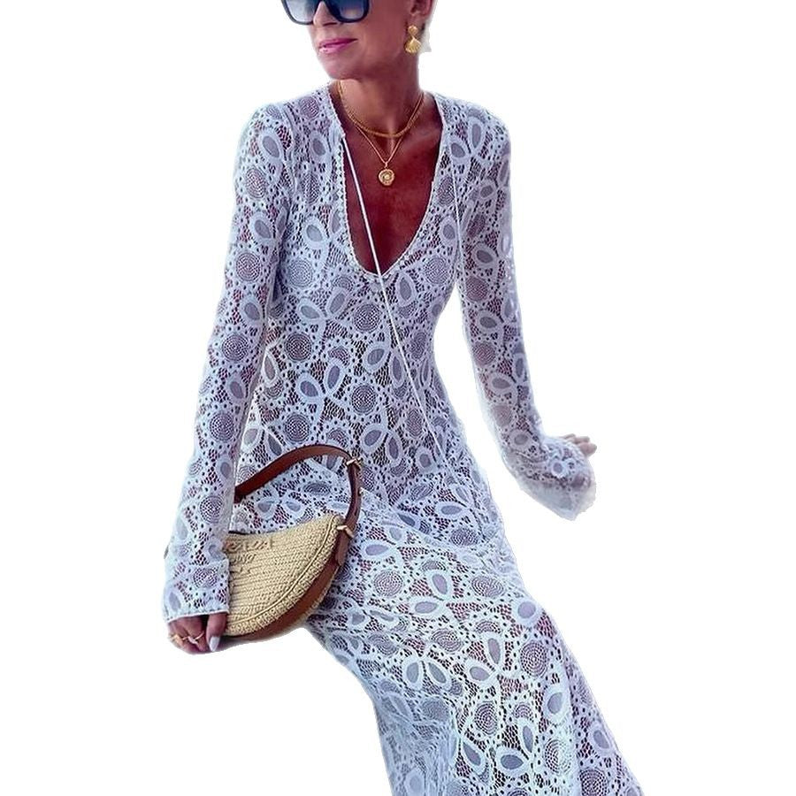 Spring Summer Long-Sleeved See-Through Lace Loose Holidays Slit Dresses 6