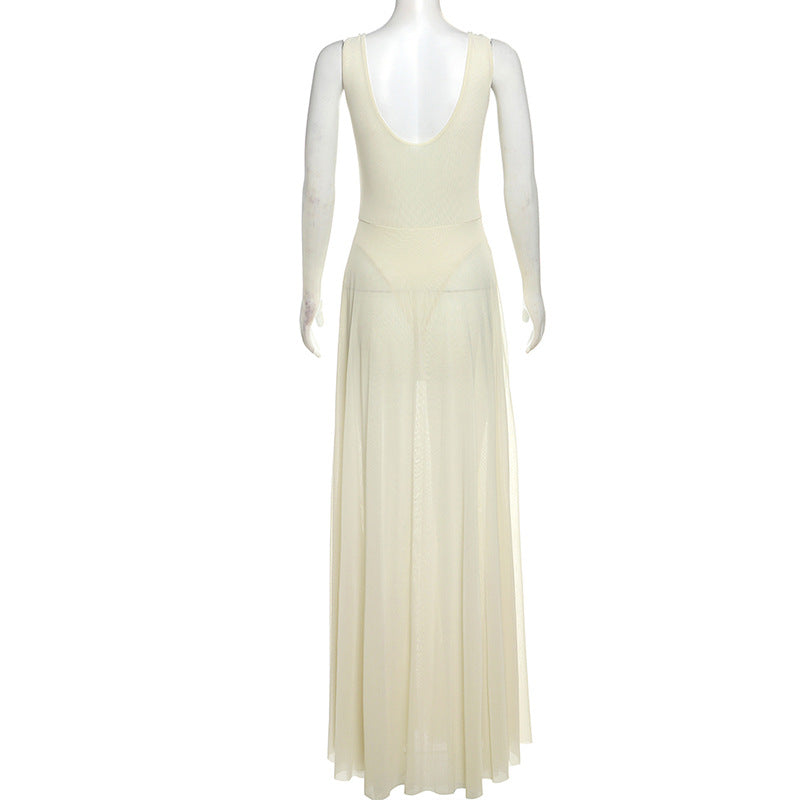 Spring Sexy Slim V-Neck Low Back Strap Long Mesh Dress 6