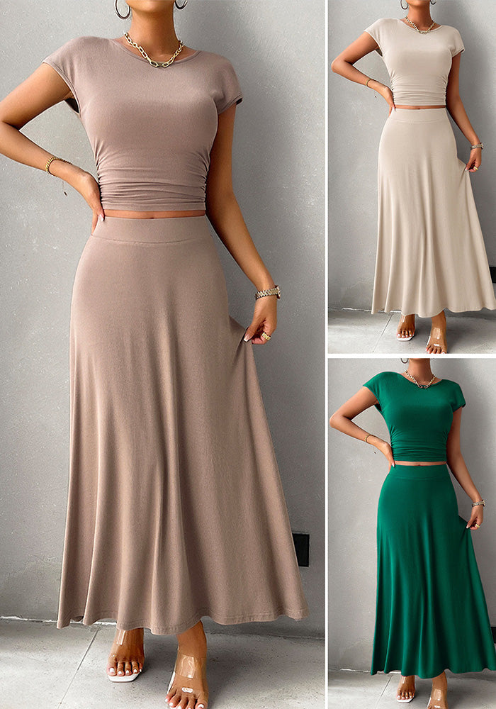 Spring Summer Short-Sleeved Women's Chic Solid Color Two Piece Skirt Set