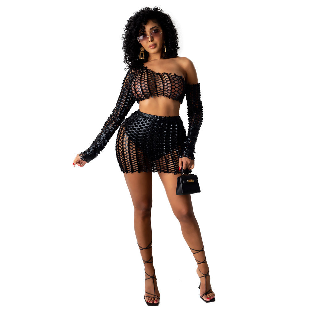 Women Sexy Mesh Hollow Hollow Long Sleeve Crop Top + Skirt Two Piece Set 3