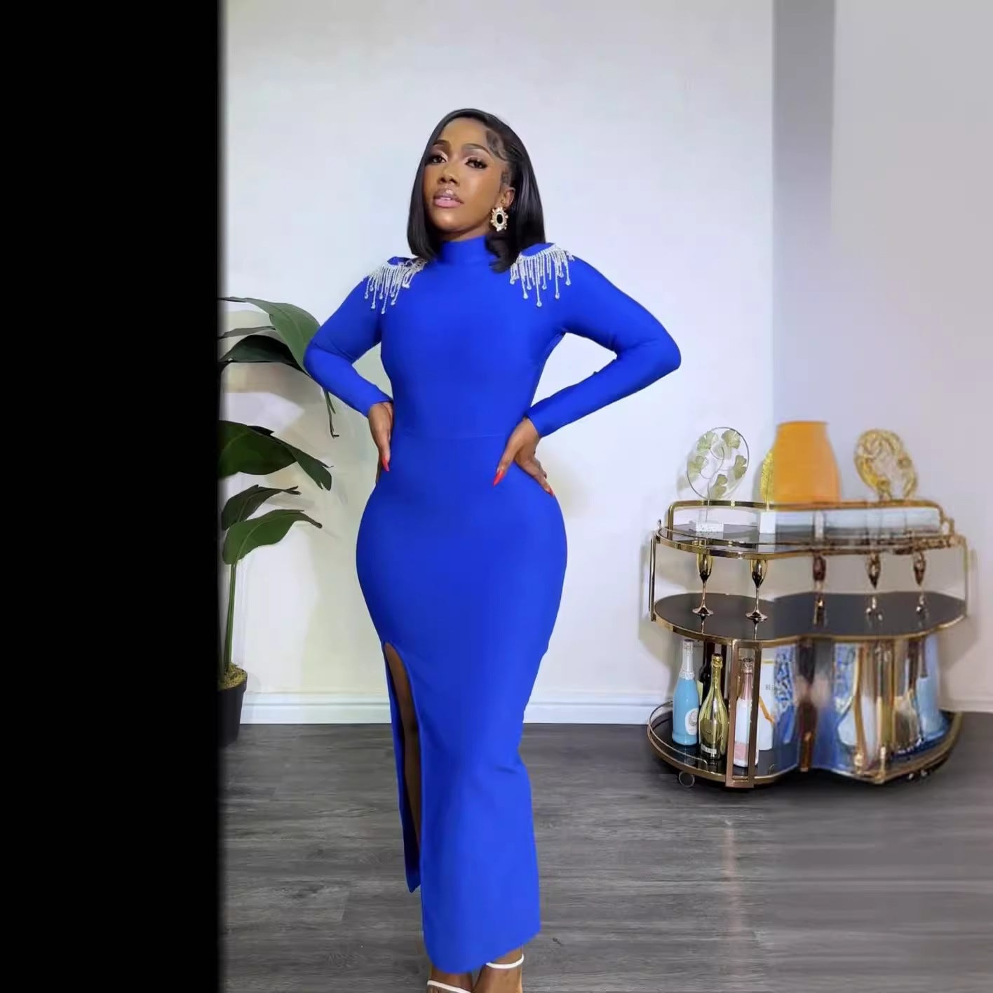 Women Half Turtle Neck Long Sleeve Solid Rhinestone Backless Slit Dress 7