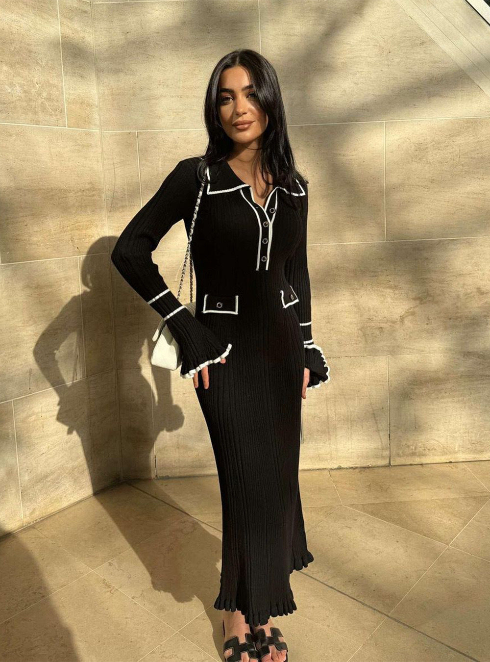 Winter Turndown Collar Knitting Dress Women Long Sleeve Fashion Chic Slim Waist Sweater Dress 3