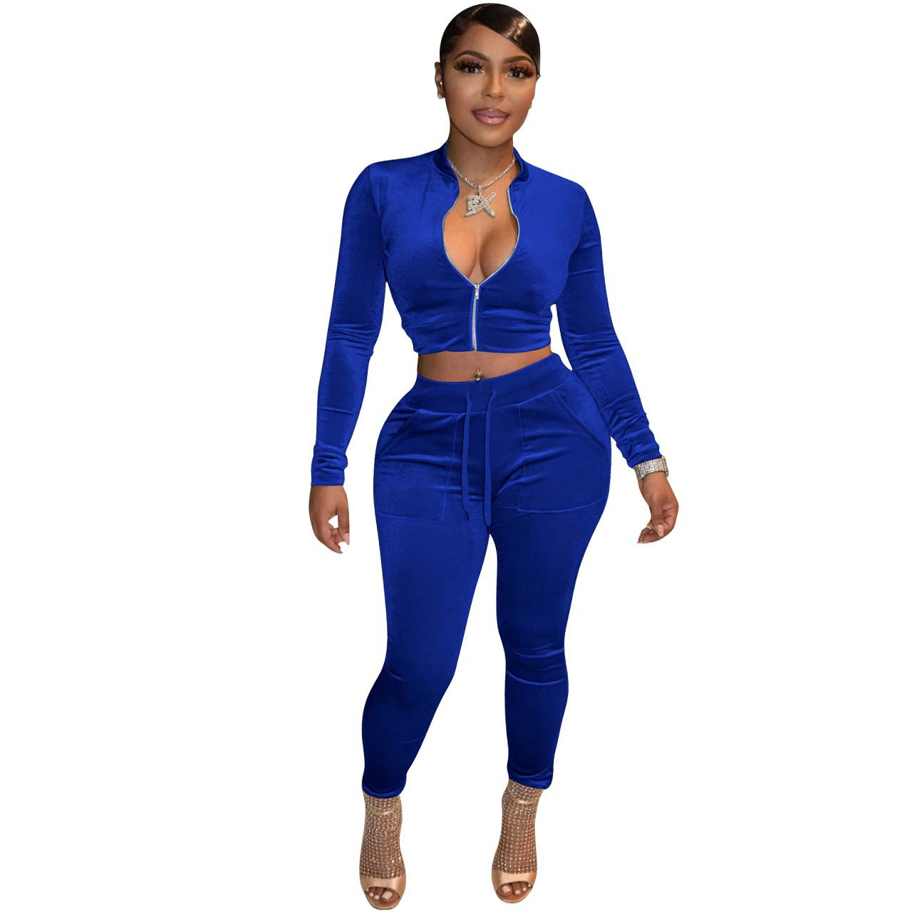 Ladies Fashion Casual Solid color Zip Long Sleeve Two Piece Tracksuit 4