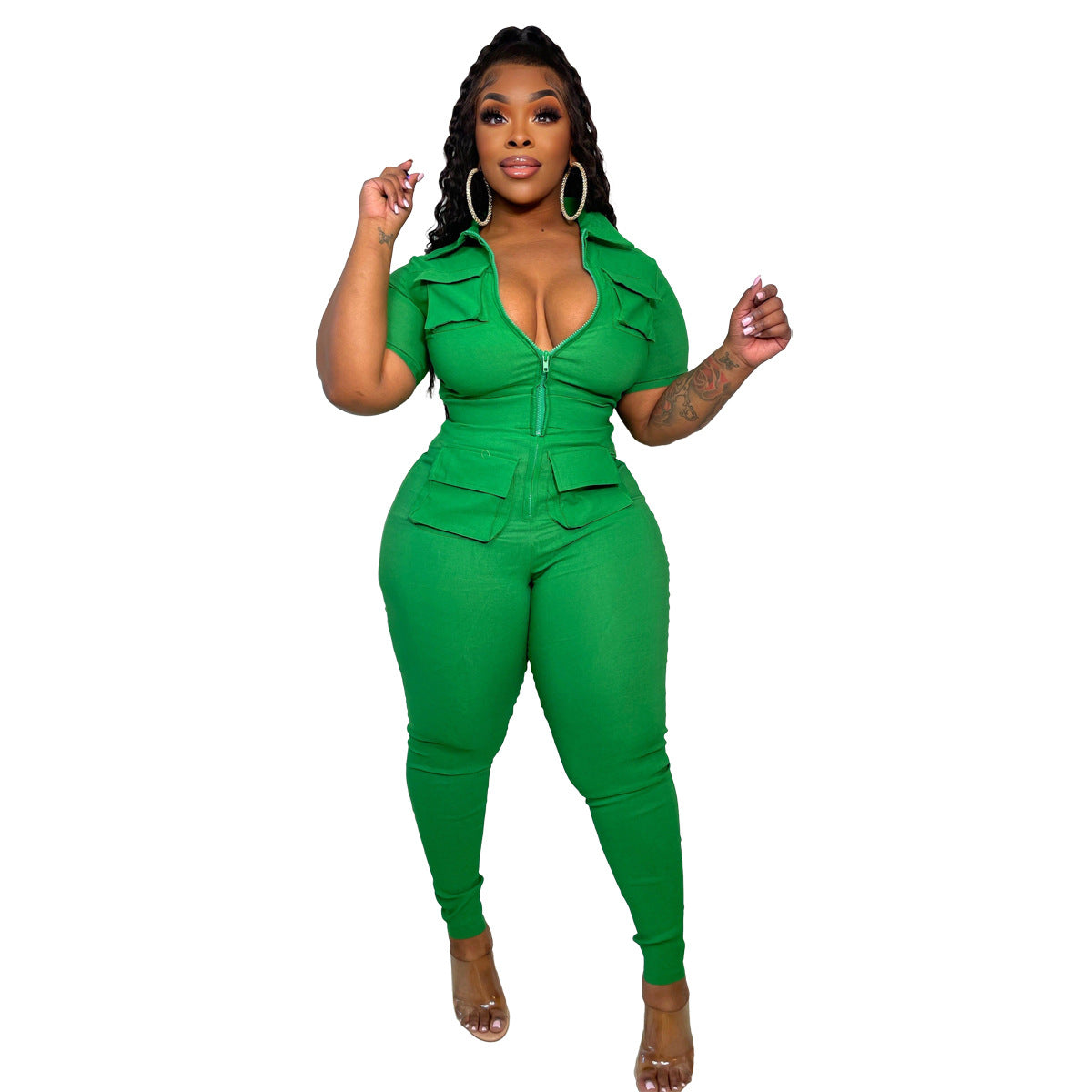Plus size sexy zipper three-dimensional pocket jumpsuit 10