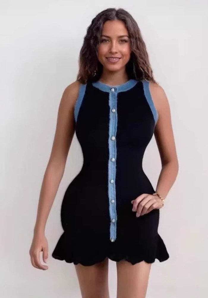 Women's Denim Trim Knit Short Sleeve Sleeveless Dress