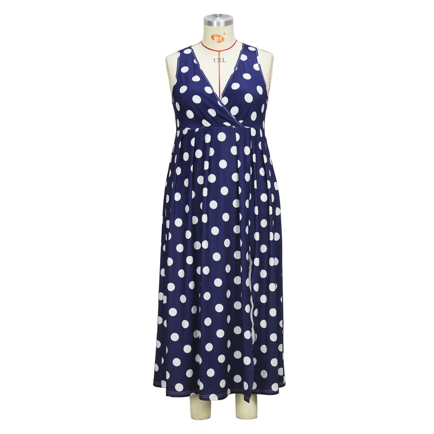 Women's Spring Summer Fashion Blue White Polka Dot V-Neck Slit Plus Size Maxi Dress 4