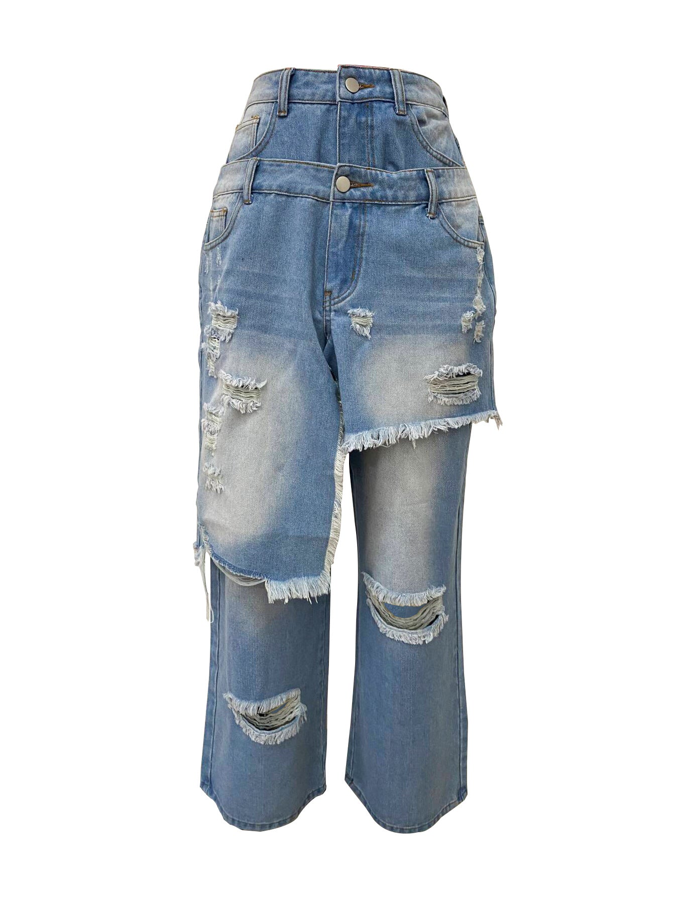 Autumn Winter Women's Fashion Denim Distressed Patchwork Destroyed Loose Straight Leg Pants 13