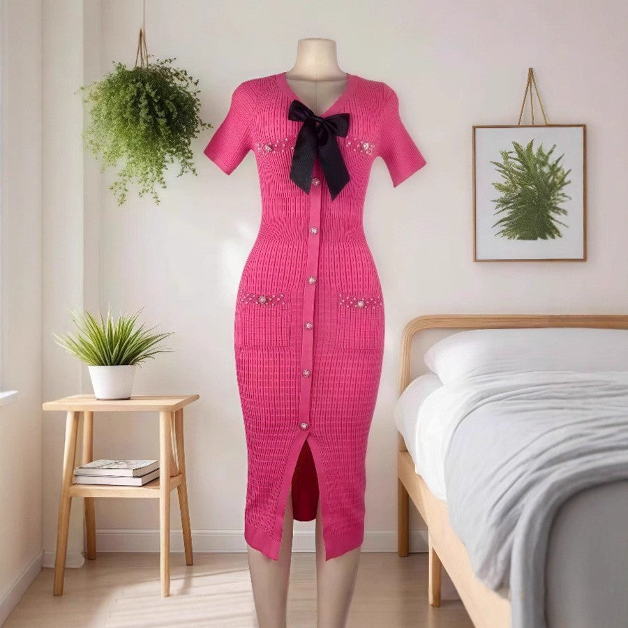 Women French V Neck Bow Short Sleeve Beaded Button Knitting Slit Dress 13