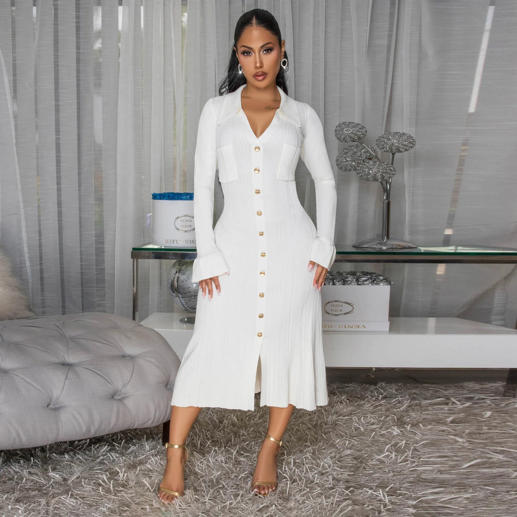 Women's Fashion V-Neck Single Row Buttons Long Sleeve Solid Long Dress 29