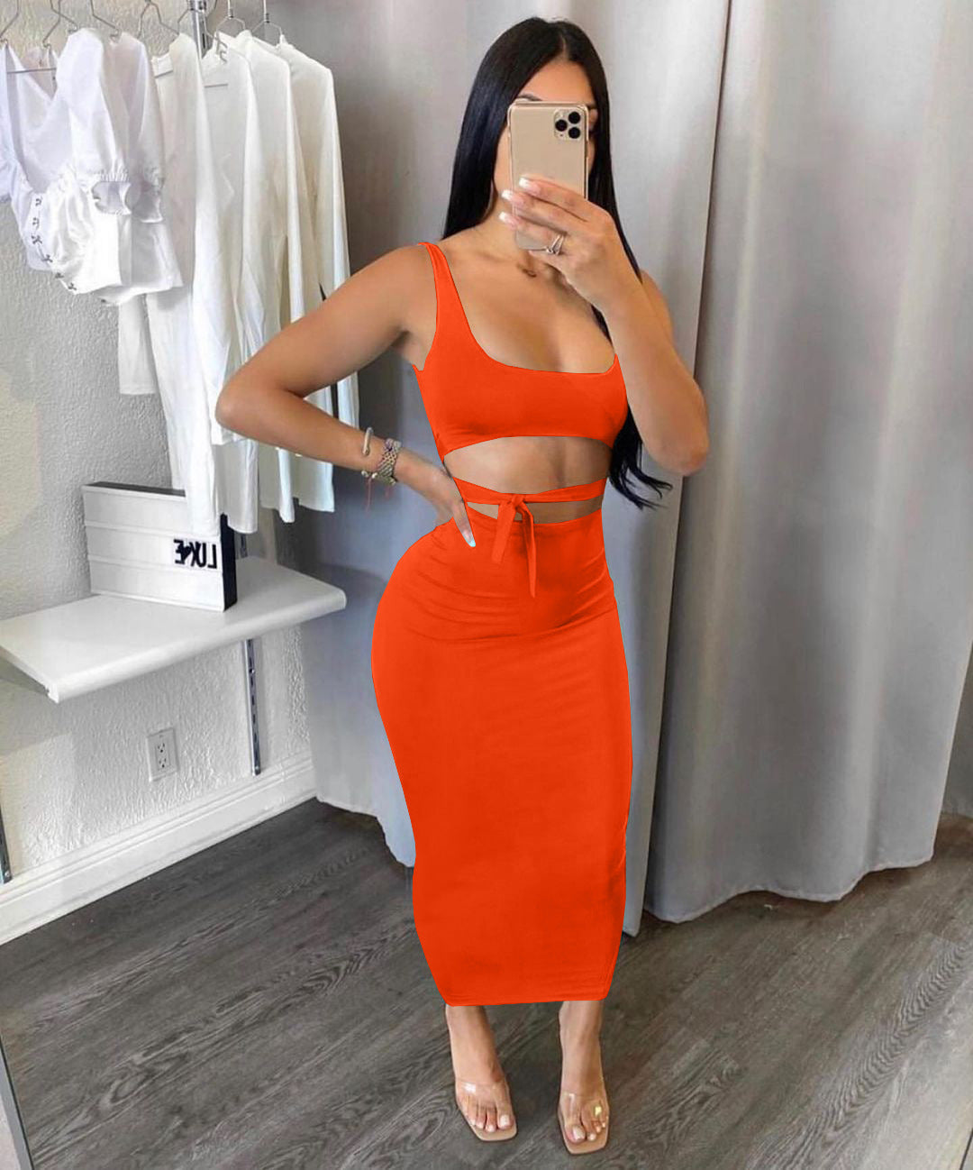 Women's Spring Summer Solid Color Strap Slim Two Piece Skirt Set 6